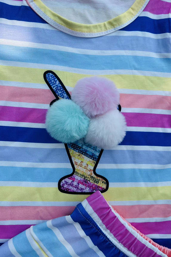 Shop Multi color striped top & pompoms & skirt 2pcs girls sets DLH2872 (A9S1)