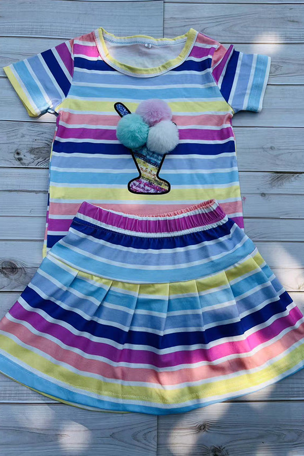 Shop Multi color striped top & pompoms & skirt 2pcs girls sets DLH2872 (A9S1)