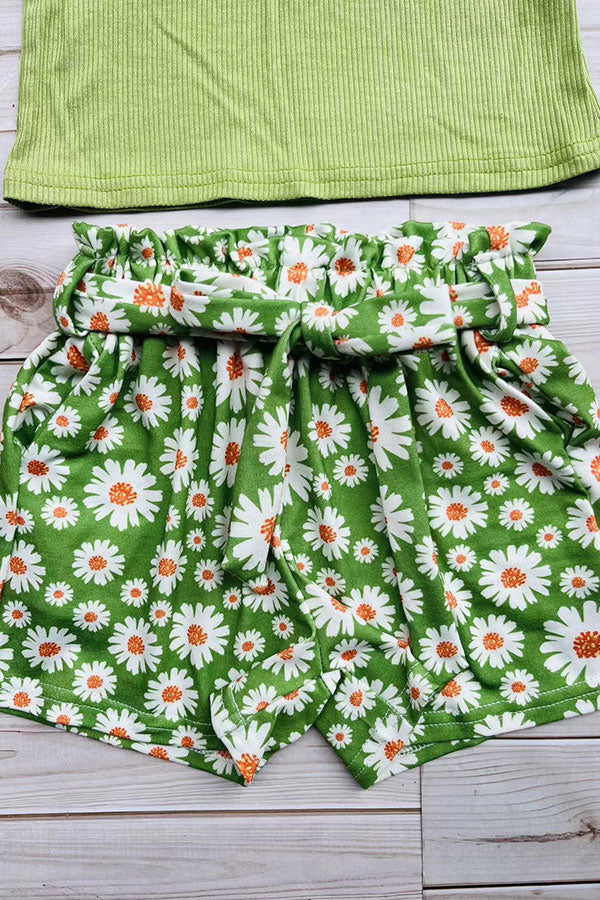 Green ribbed knitted fabric halter top & floral printed shorts 3pcs girls sets DLH2880 (A4S2)