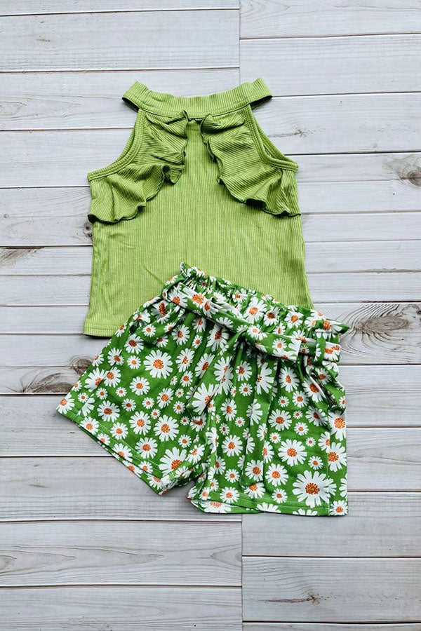 Green ribbed knitted fabric halter top & floral printed shorts 3pcs girls sets DLH2880 (A4S2)