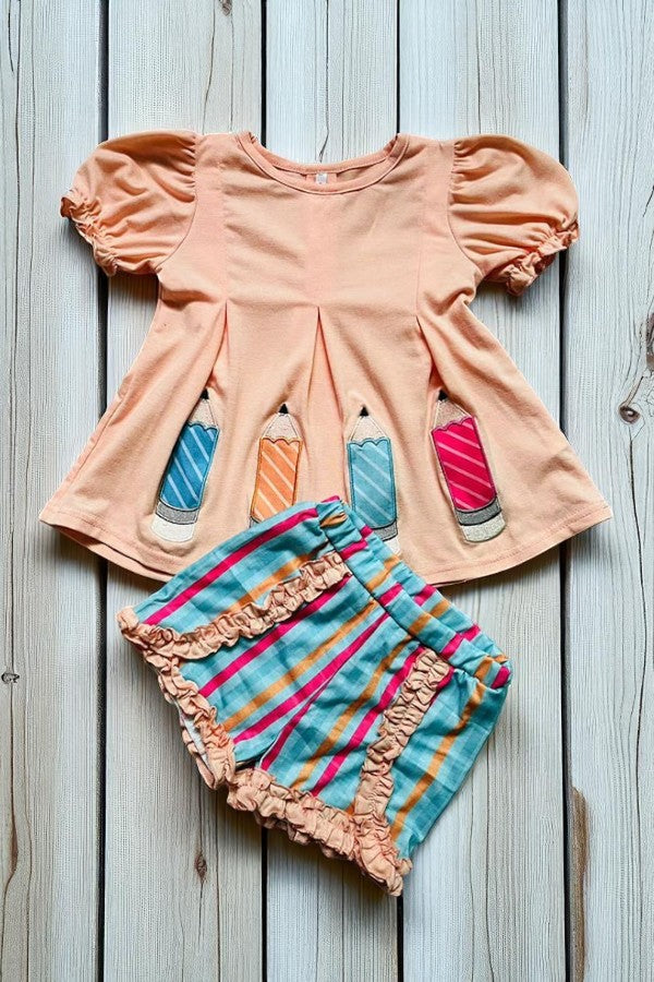 Back to school pensils embroidery top & ruffle striped shorts 2pcs girls sets DLH2845 (A8S8)