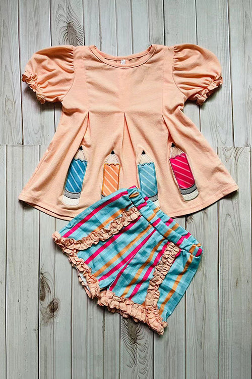 Back to school pensils embroidery top & ruffle striped shorts 2pcs girls sets DLH2845 (A8S8)