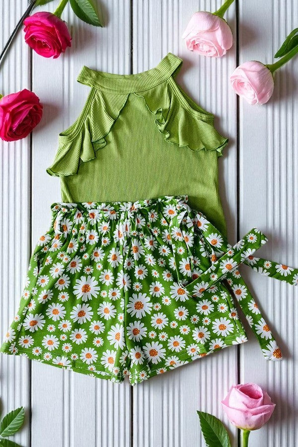 Green ribbed knitted fabric halter top & floral printed shorts 3pcs girls sets DLH2880 (A4S2)