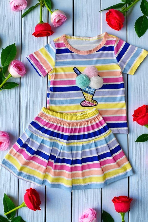 Shop Multi color striped top & pompoms & skirt 2pcs girls sets DLH2872 (A9S1)