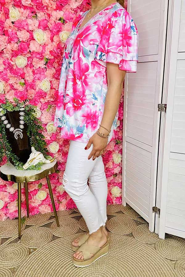 Buy Fuchsia floral prints & short sleeve women blouse w/double ruffle GJQ15934 FS9