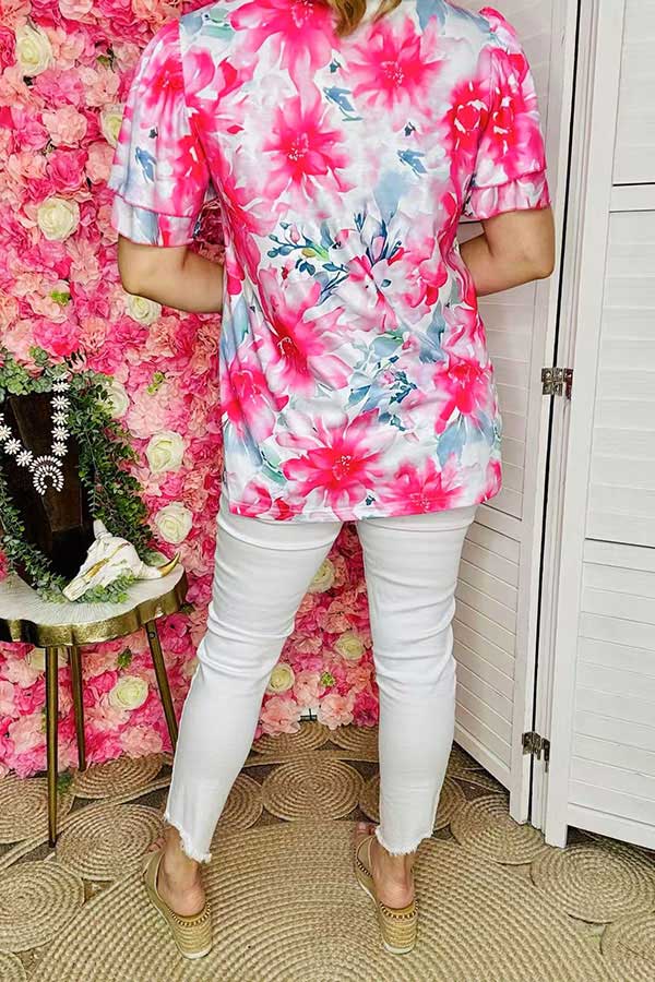 Buy Fuchsia floral prints & short sleeve women blouse w/double ruffle GJQ15934 FS9