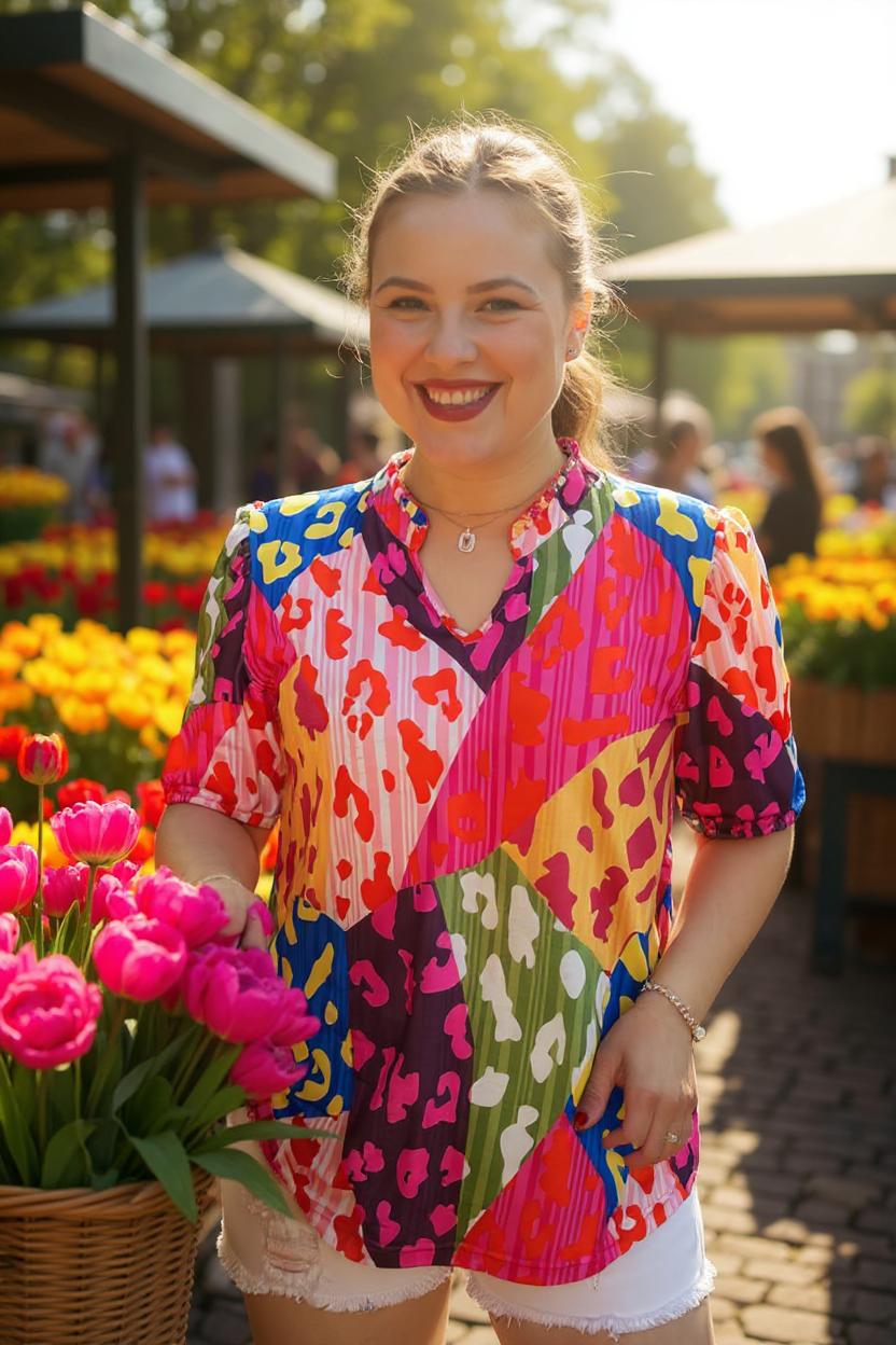 Multi color leopard prints & short sleeve women blouse V-neckline GJQ16134 GS2